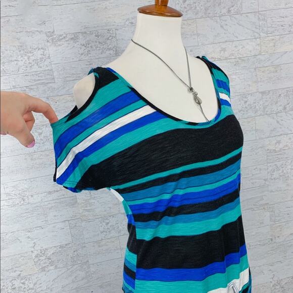 Full Tilt striped cold shoulder short sleeve blouse front tie teal - Picture 2 of 5
